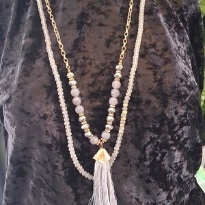 Blue ,gold, Gray Sea Glass And Crystal  Beaded Necklace With 34 In. Long Tassel